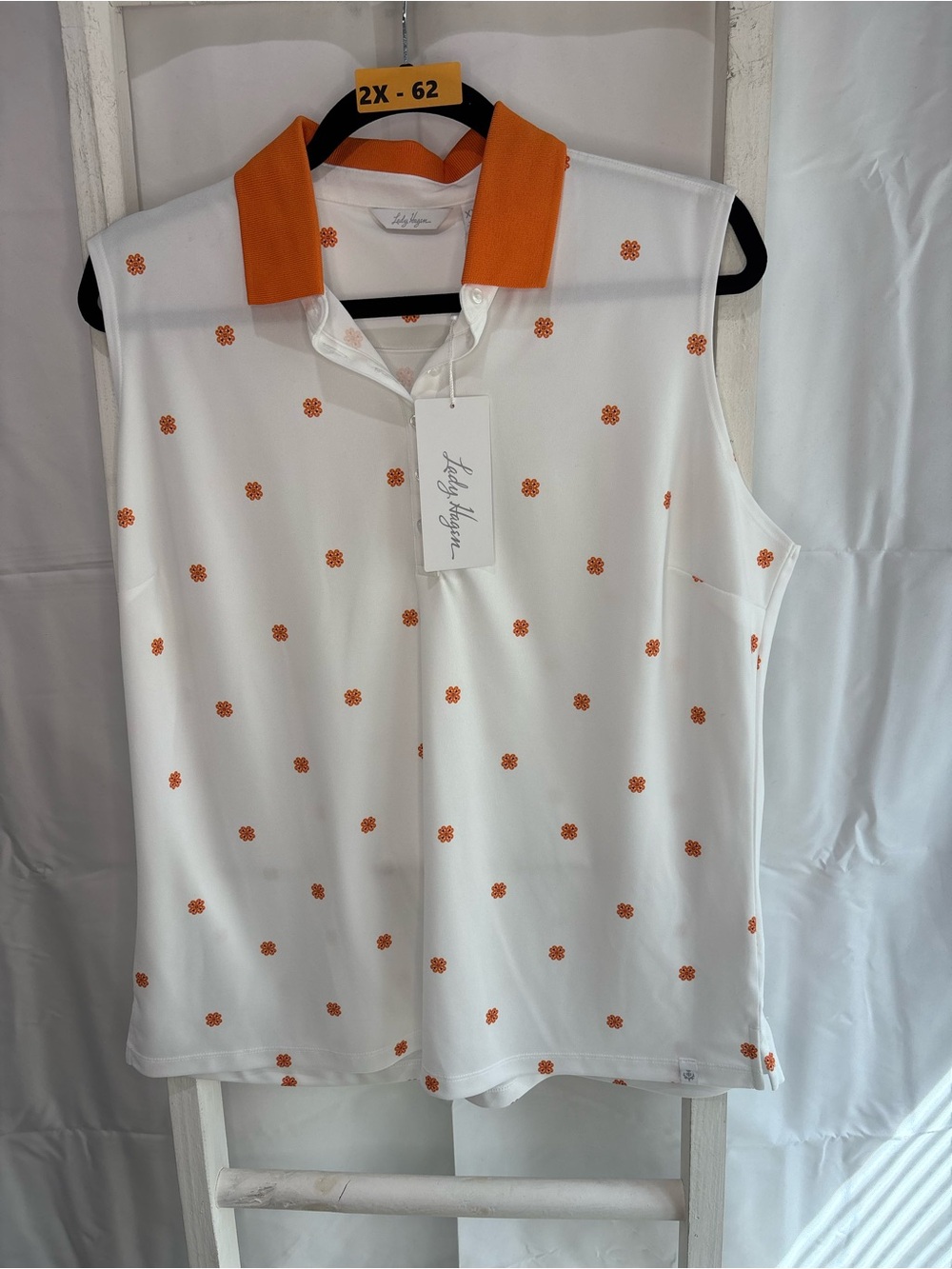 Lady Hagen White Sleeveless Polo Tank with Orange Collar and Dot Print